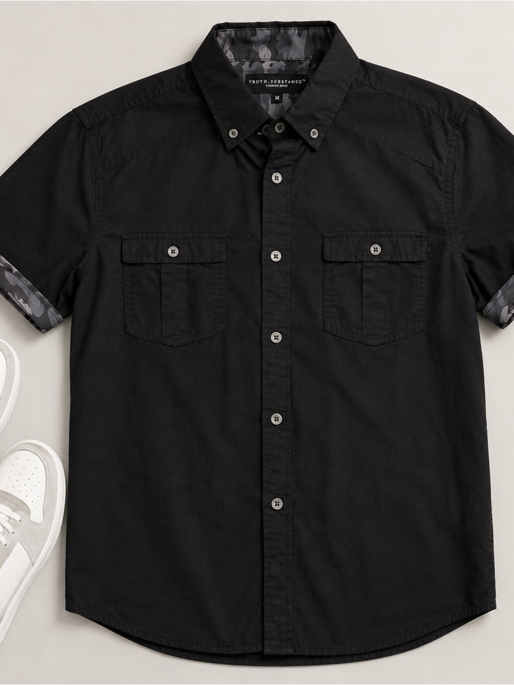Truth Substance Men’s M Black Button Down Shirt Camo Trim Utility Streetwear